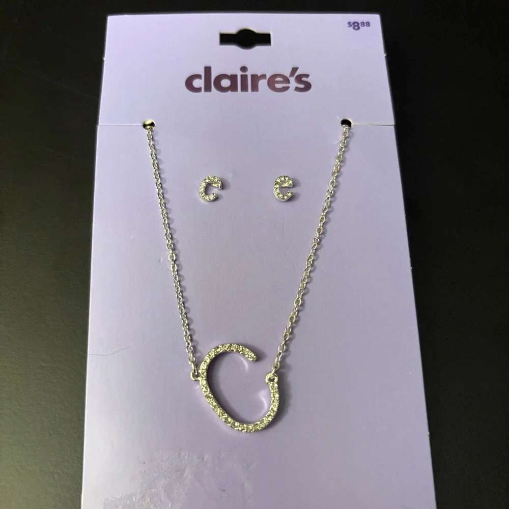 NWT Claires Silver Initial C Necklace and Earrings Set Rhinestone Letter Jewelry